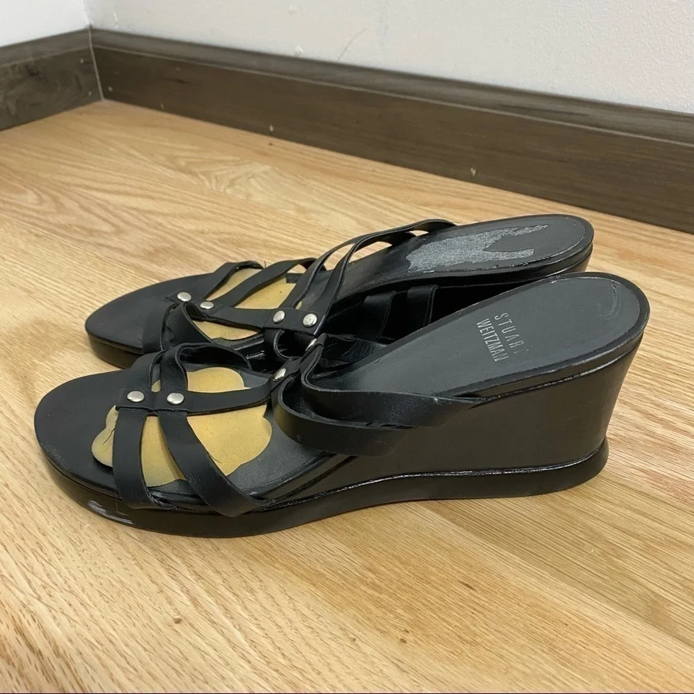 Stuart Weitzman Leather Black Wedge Heels Sz 7 - Picture 3 of 9